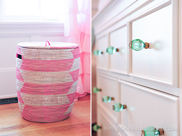 Lyla's hamper and crystal dresser pulls - way cute pink and aqua baby girl's room decorating ideas! | See the entire nursery at One Small Child: www.onesmallchild.com