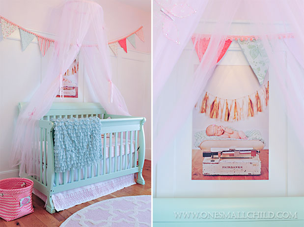 Love the portrait and canopy above this aqua crib | See the entire nursery at One Small Child: www.onesmallchild.com