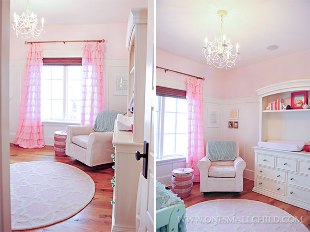 Lyla's adorable pink and aqua baby room - Love the chandelier! | See the entire nursery at One Small Child: www.onesmallchild.com