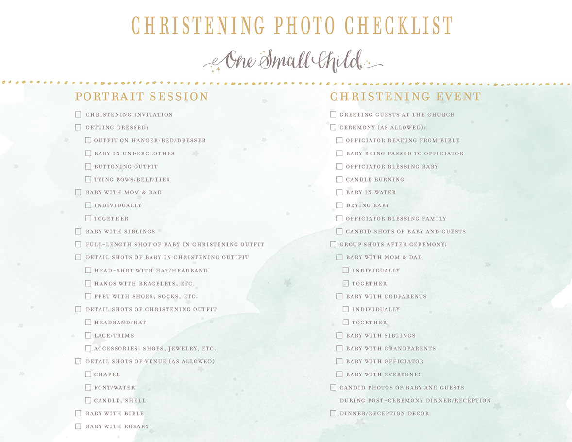 Christening Photography Free Printable Checklist
