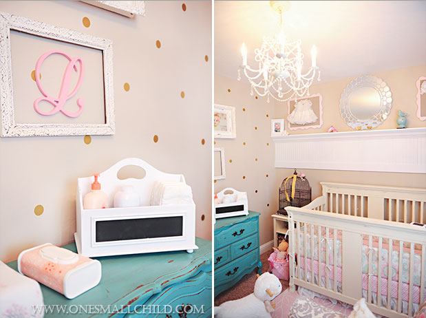 Pretty gold dots on the walls in this pink shabby chic nursery!  See the rest of baby Lilys room at   - One Small Child