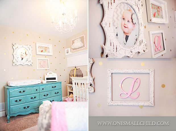 Beautiful antiqued turquoise dresser in this girls pink shabby chic nursery!  See the rest of baby Lilys room at   - One Small Child