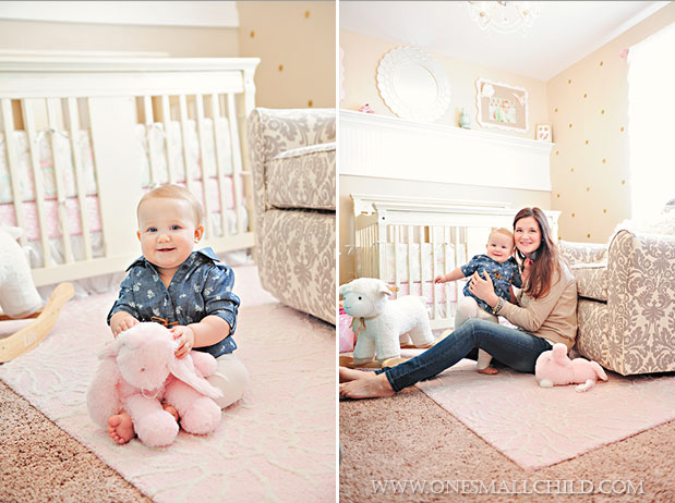 What an amazing damask rocking chair in this pretty pink and gold nursery! I love the idea of modern accents in a shabby chic room for decorating a baby girl’s room! | See more bedroom décor ideas at One Small Child: www.onesmallchild.com