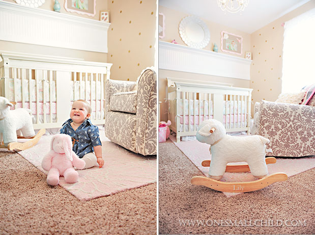 This is a beautiful pink and gold shabby chic nursery with modern accents. I love this idea for decorating a baby girls room!  See the rest of baby Lilys nursery at   - One Small Child