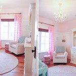 Lyla's adorable pink and aqua baby room - Love the chandeleir!  - One Small Child