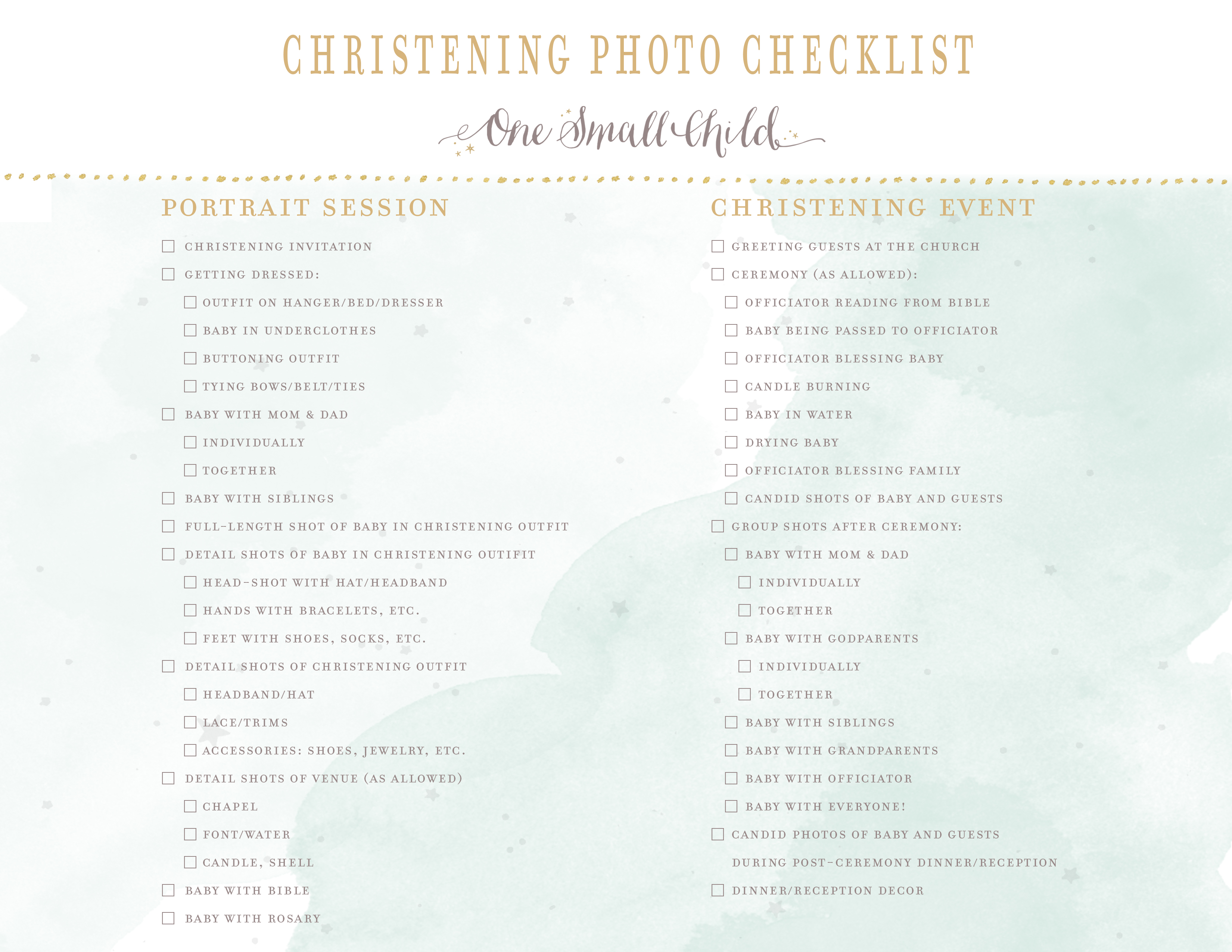 Christening Photography Check List - One Small Child