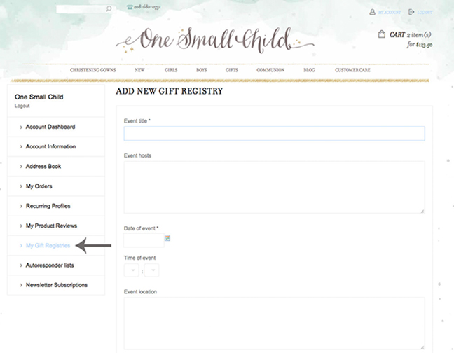 Website Gift Registry Screenshot - One Small Child