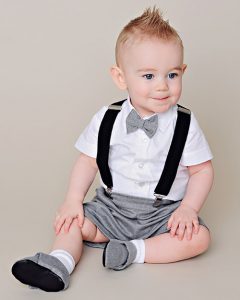 Gray baby shorts and suspenders - One Small Child