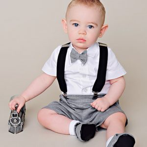 Gray Suspender Shorts Outfit - One Small Child