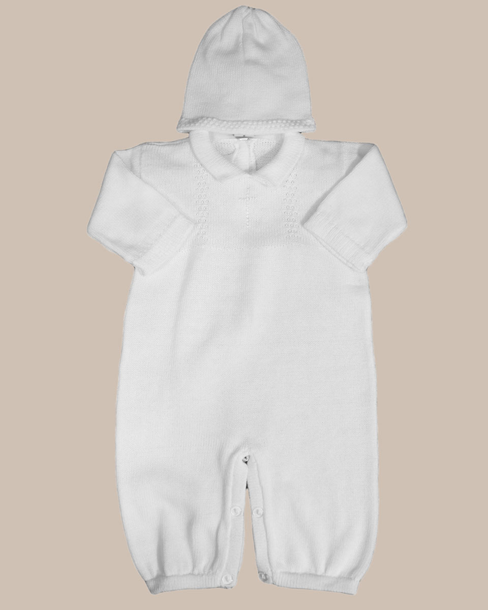 Boy's Soft Cotton Knit Christening Baptism Longall w/ White or Blue Cross and Hat - One Small Child
