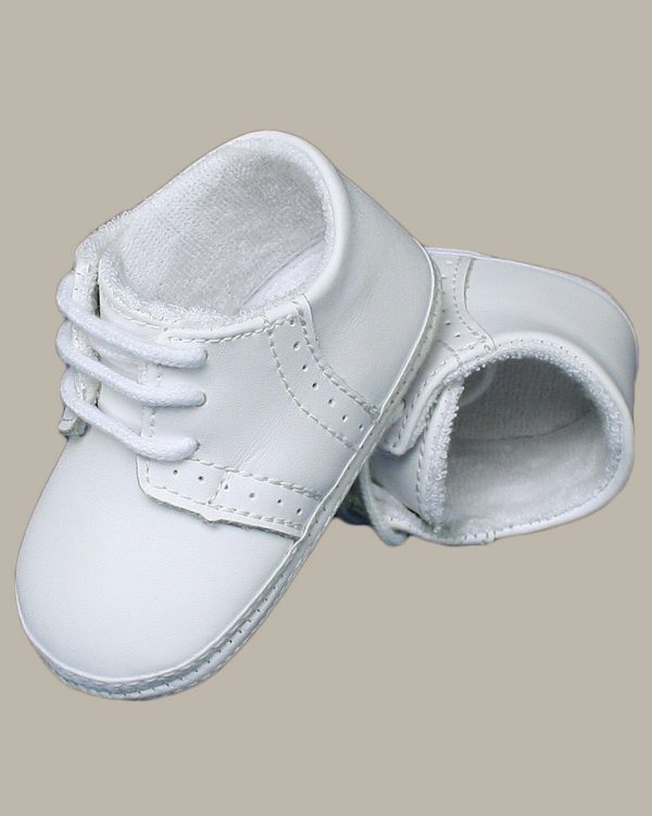 Baby Boys All White Genuine Leather Saddle Oxford Crib Shoe with Perforations - One Small Child
