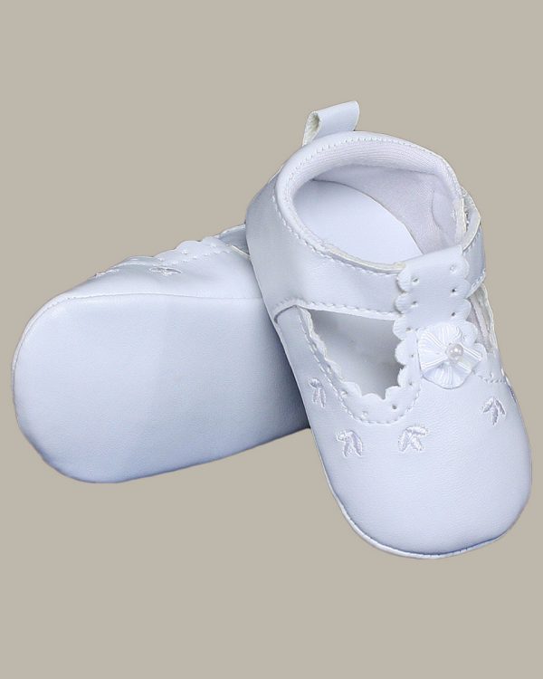 Baby Girls All White Faux Leather Mary Jane Crib Shoe with Perforation Accents - One Small Child