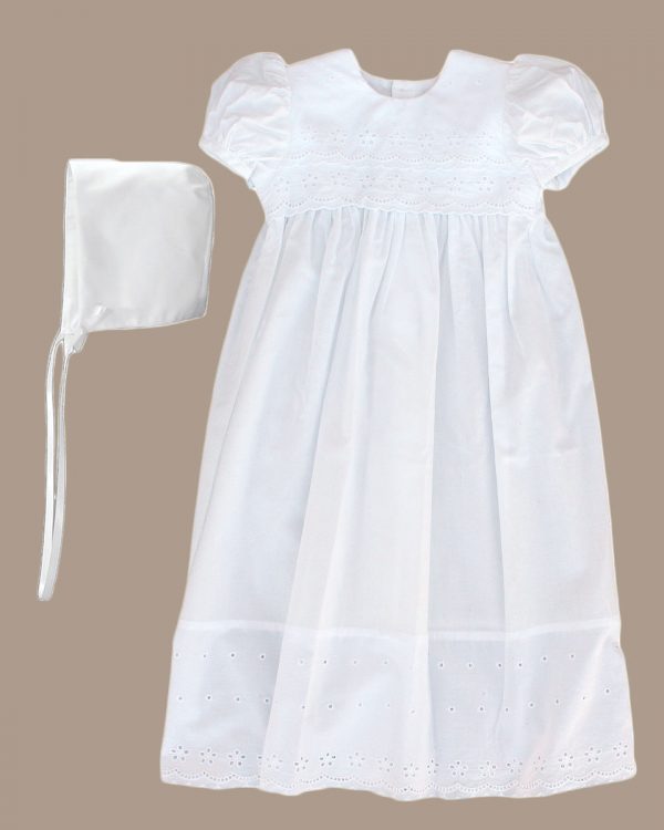 Girls White Cotton Christening Baptism Gown with Lace Border and Bonnet - One Small Child