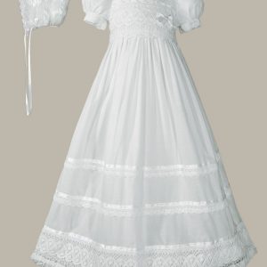Girls Cotton Short Sleeve Dress Christening Baptism Gown with Lace and Ribbon - One Small Child