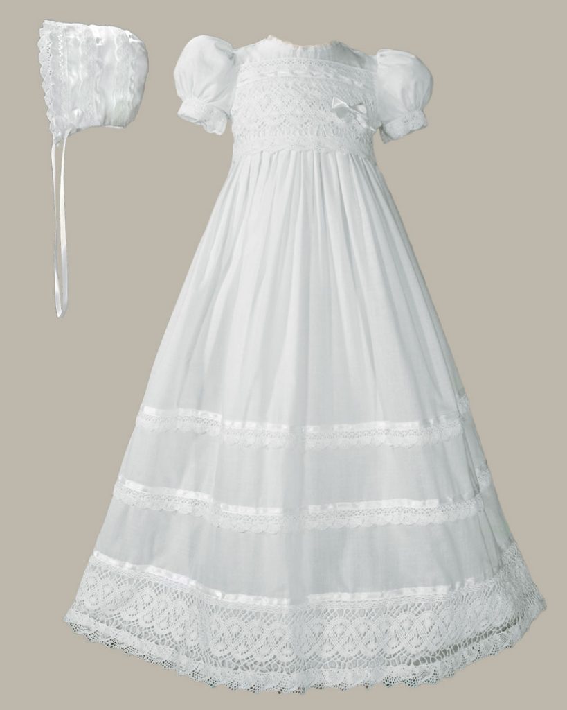 Girls Cotton Short Sleeve Dress Christening Baptism Gown with Lace and Ribbon - One Small Child