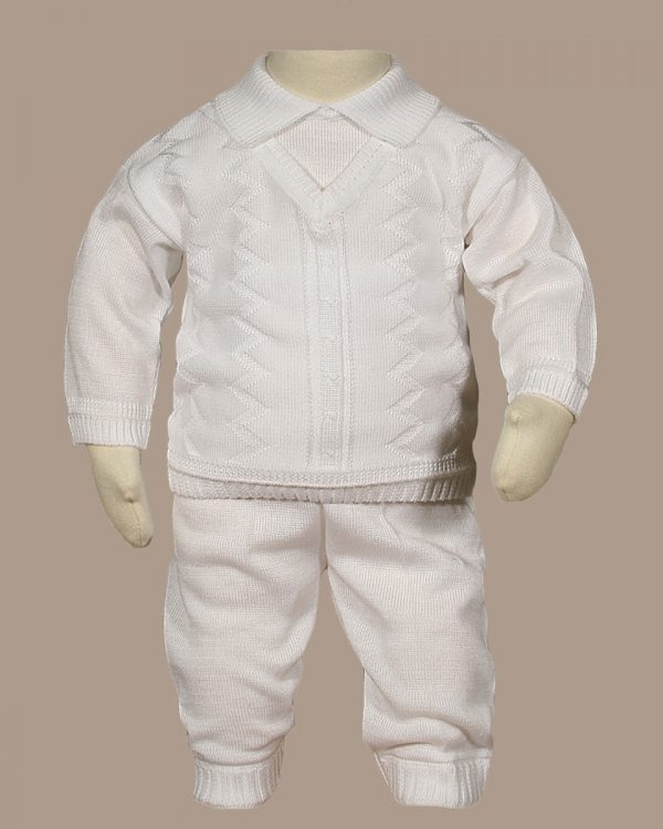 Boys 100% Cotton Knit Two Piece White Christening Baptism Outfit - One Small Child