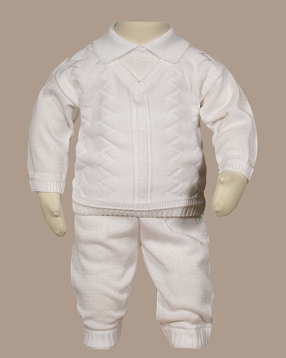 Boys 100% Cotton Knit Two Piece White Christening Baptism Outfit - One Small Child