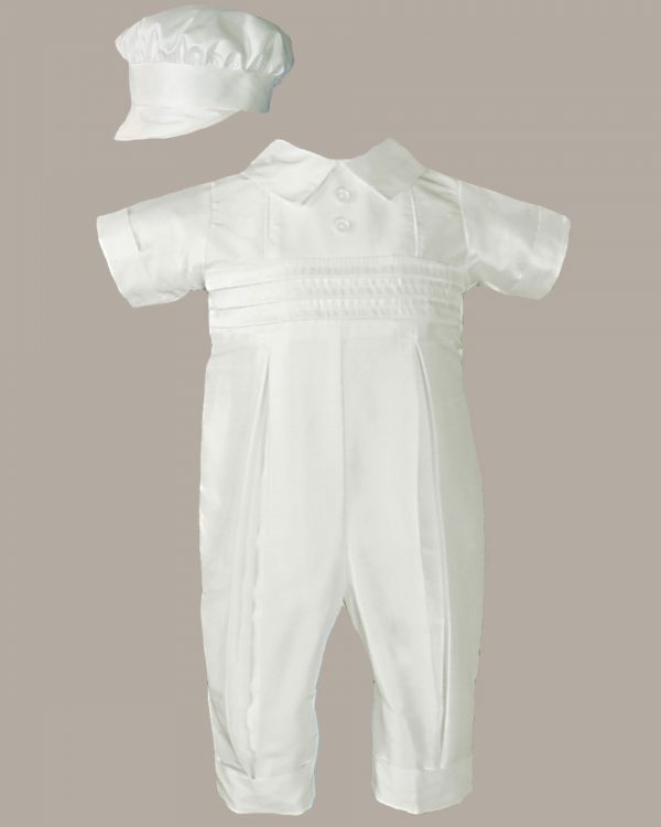 Boys White Silk Christening Baptism Coverall with Hat - One Small Child