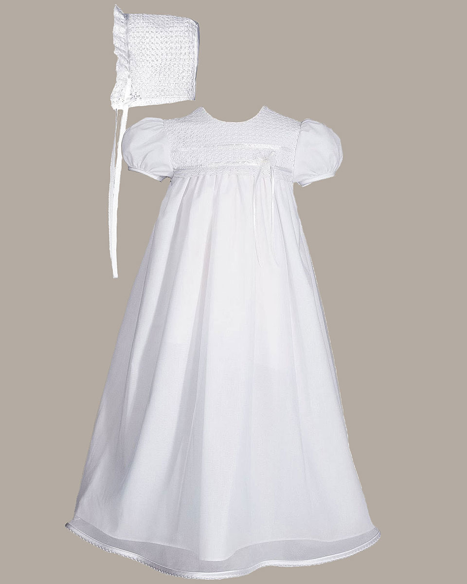 Girls 25" Tricot Overlay Christening Baptism Gown with Tatted Lace Bonnet - One Small Child