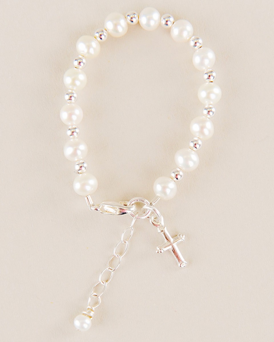 Silver & Pearl Cross Charm Bracelet - One Small Child