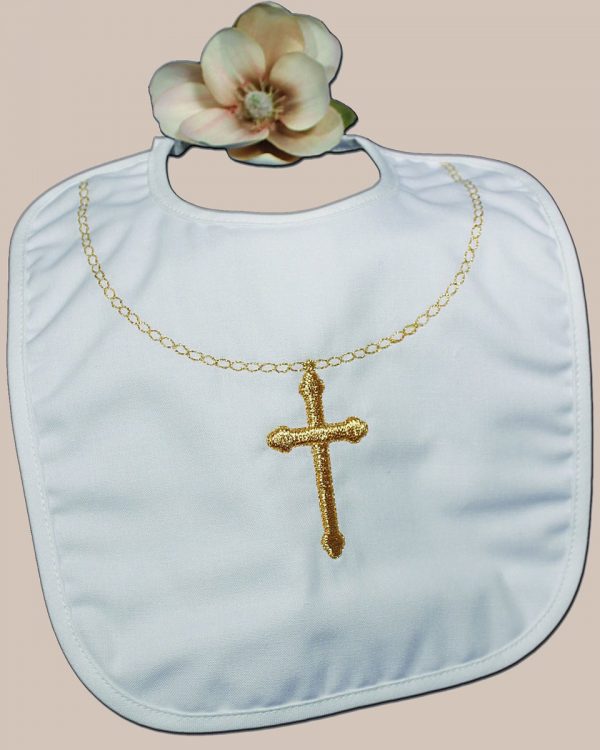 Cotton Christening Bib with Fancy Embroidered Gold Cross & Chain - One Small Child