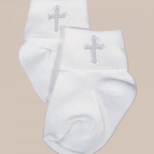Unisex White Cotton Anklet Socks with Embroidered Cross - One Small Child