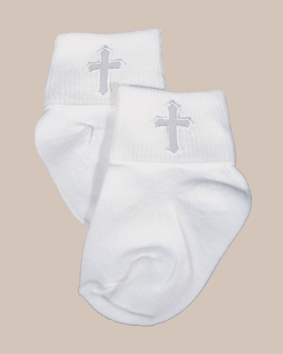 Unisex White Cotton Anklet Socks with Embroidered Cross - One Small Child