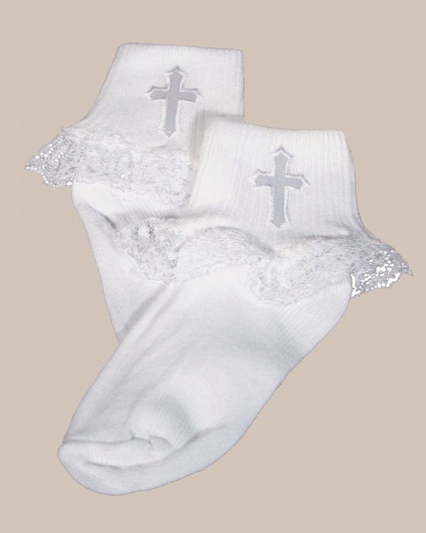 Girls White Anklet Socks with Embroidered Cross Applique and Lace - One Small Child