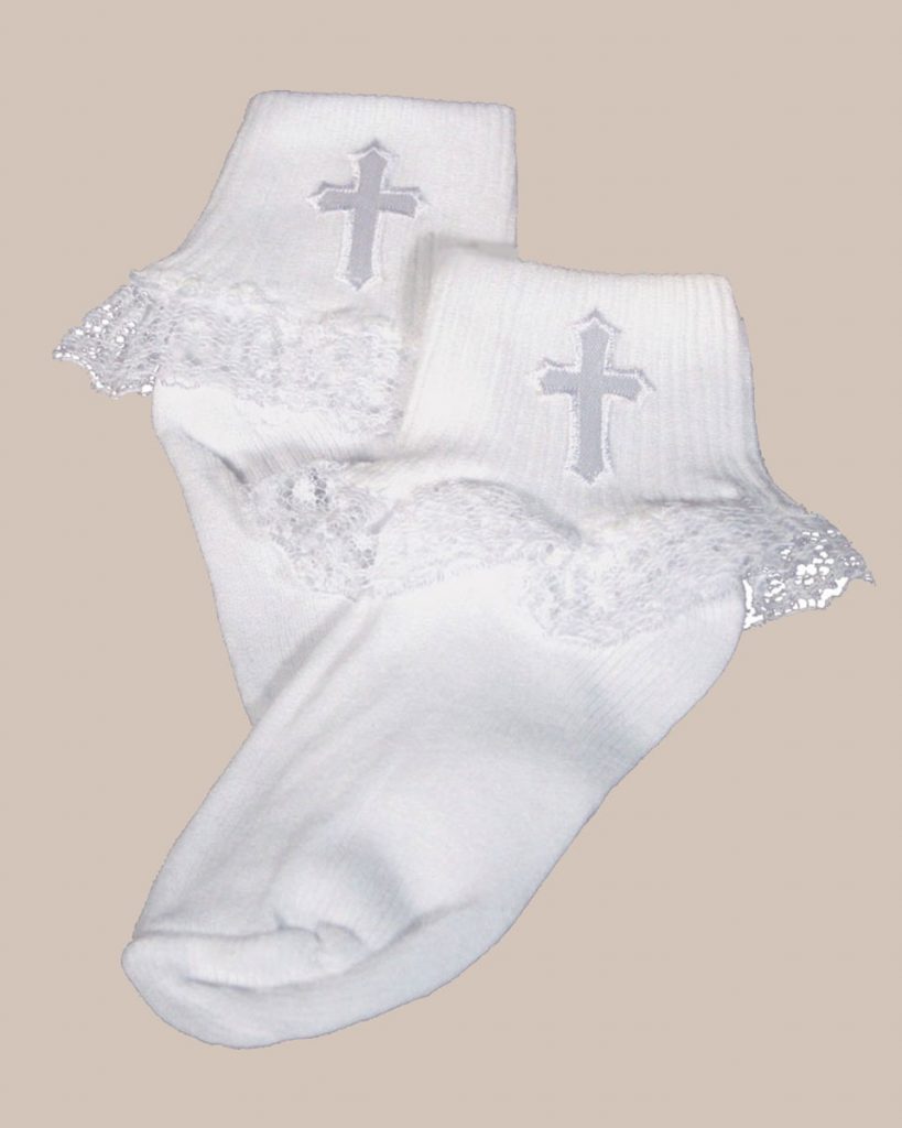 Girls White Anklet Socks with Embroidered Cross Applique and Lace - One Small Child