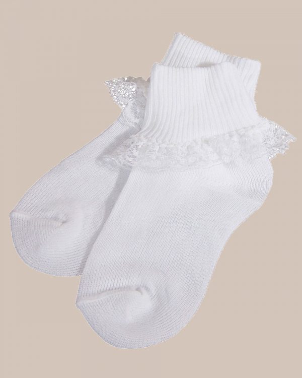 Girls White Cotton Anklet Socks with Lace - One Small Child