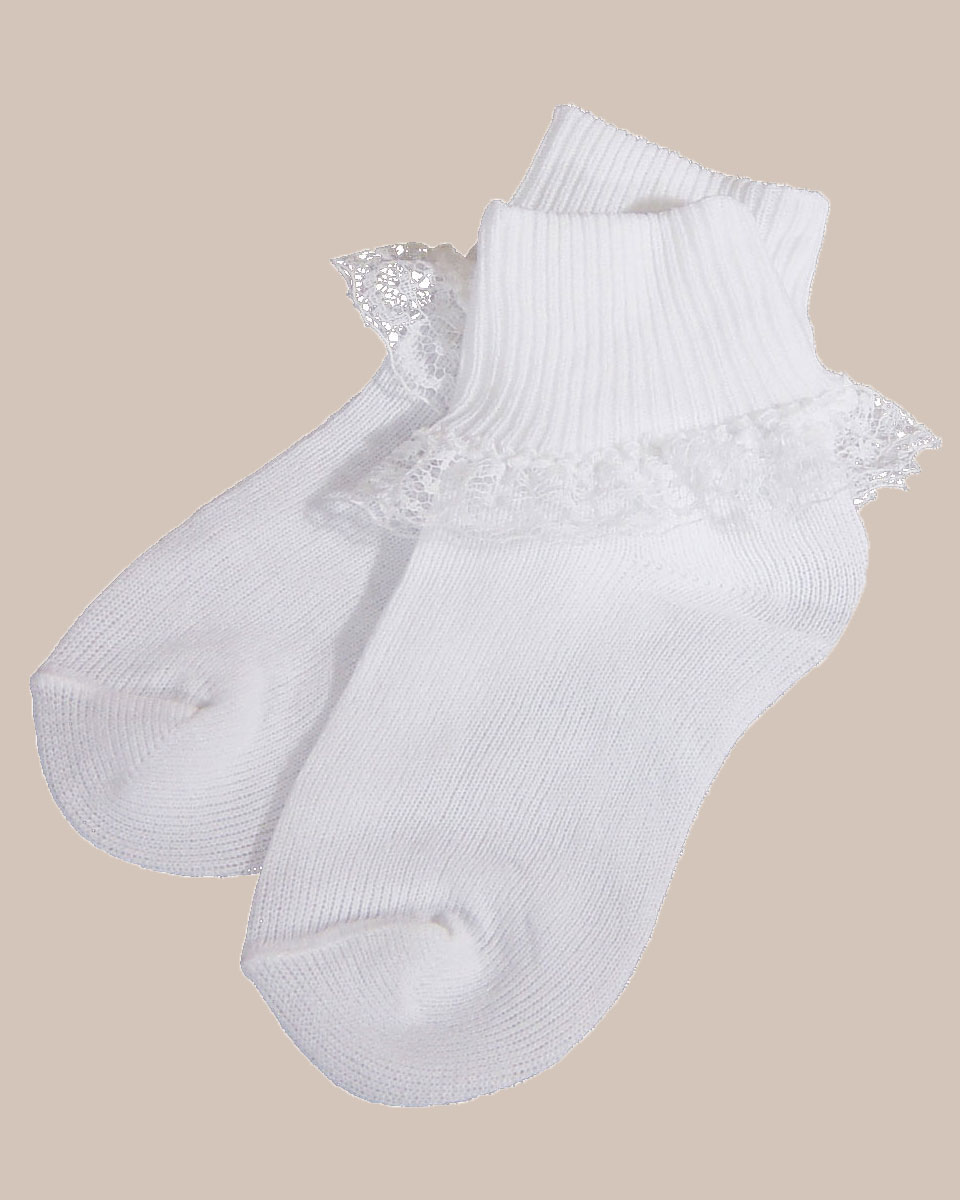 White baby ankle socks with deep lace trim 