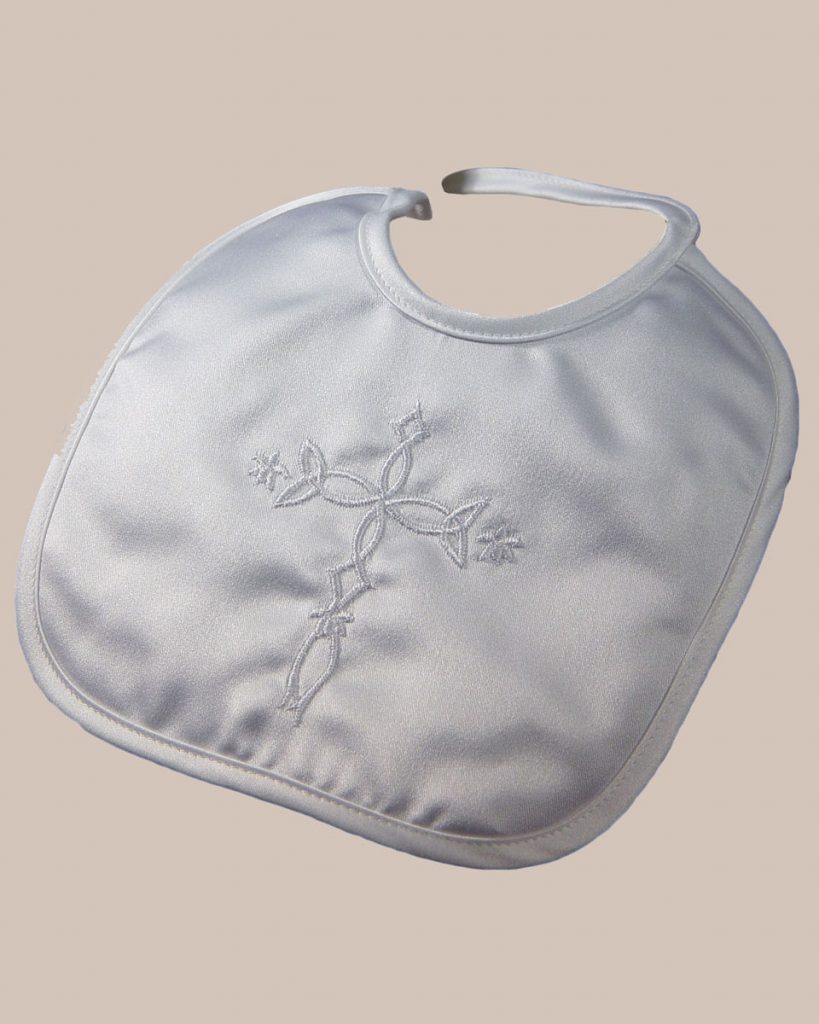 Matte Satin Christening Bib with Embroidered Celtic Cross - One Small Child