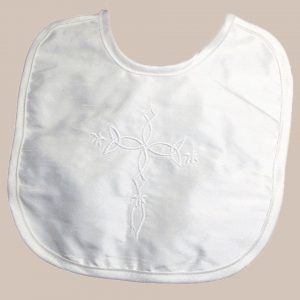 Unisex White Silk Dupioni Christening Bib with Embroidered Cross - One Small Child