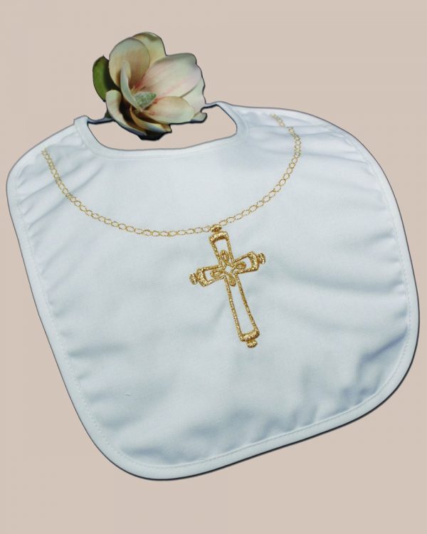 Cotton Christening Bib with Fancy Embroidered Gold Chain and Ornate Cross - One Small Child
