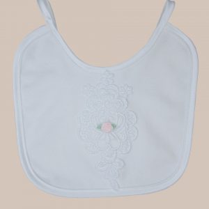 Girls Cotton Knit Interlock Bib with Embroidery and Rose - One Small Child