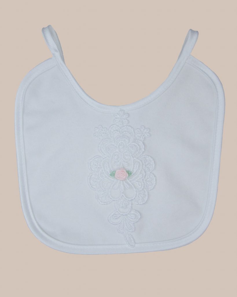 Girls Cotton Knit Interlock Bib with Embroidery and Rose - One Small Child