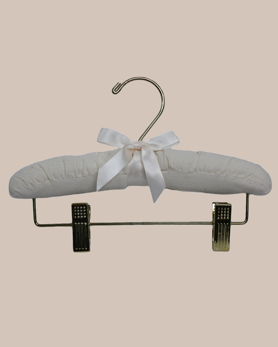 10" Muslin Hanger with Gold Hook and Pant Clips - One Small Child