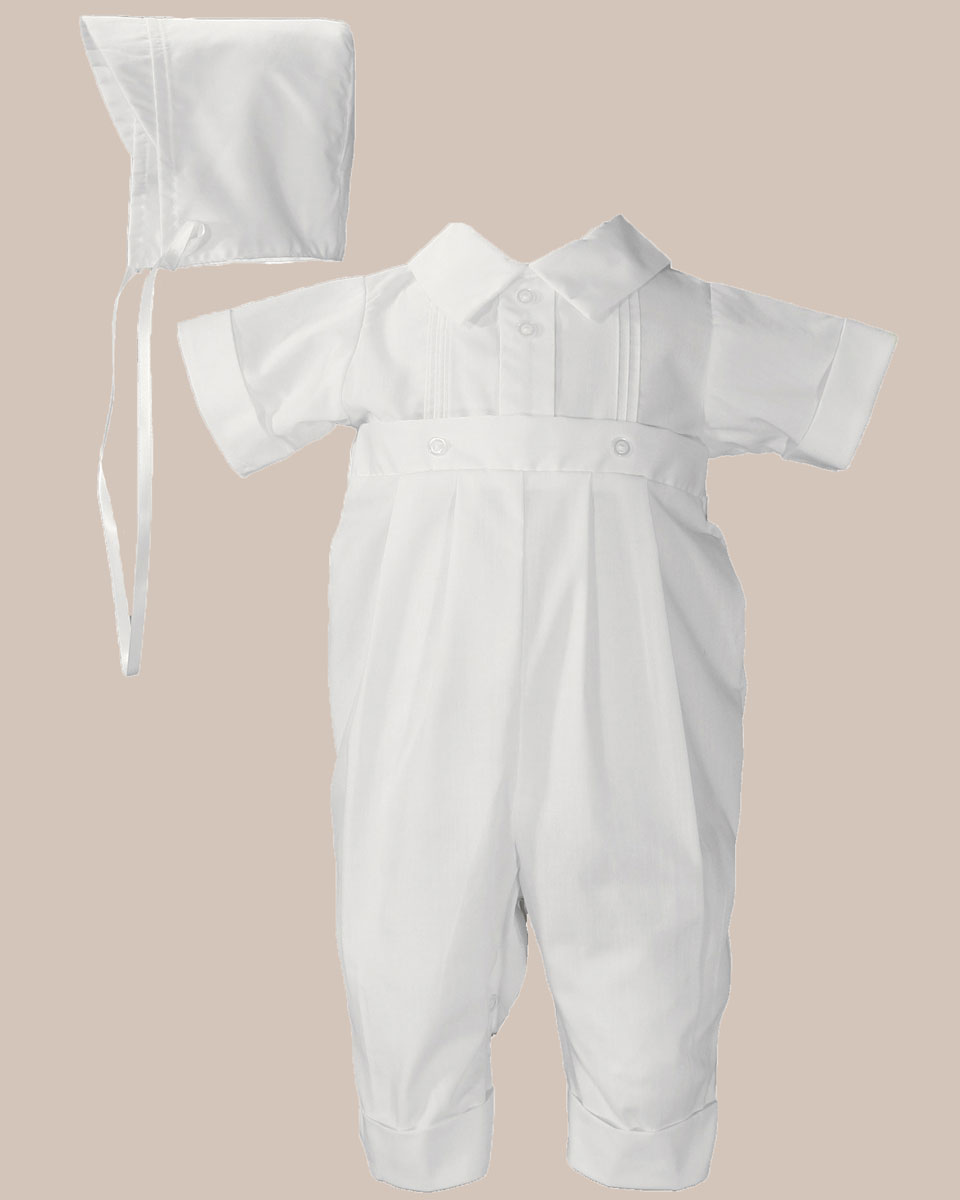 Boys Poly Cotton One Piece Christening Baptism Coverall with Pin Tucking - One Small Child