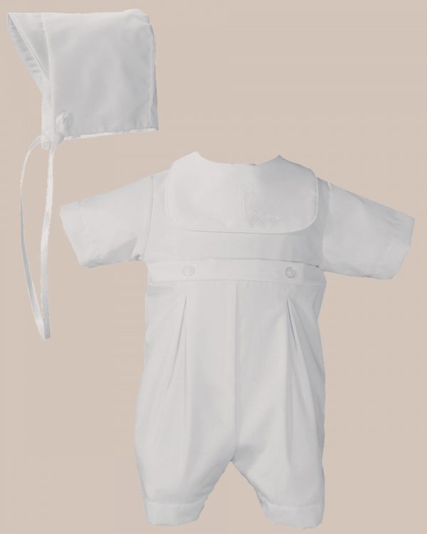 Boys White Polycotton Christening Baptism Romper with Screened Cross - One Small Child