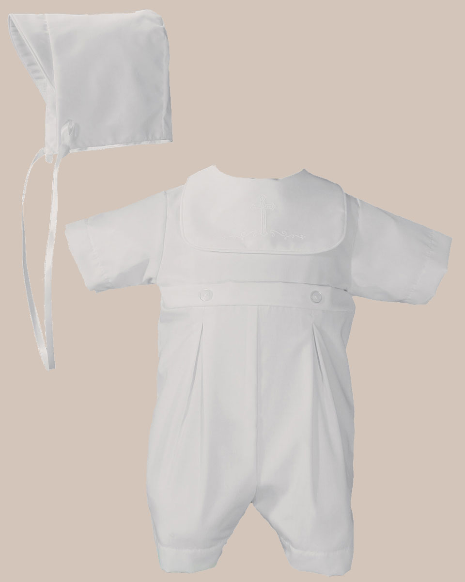 Boys White Polycotton Christening Baptism Romper with Screened Cross - One Small Child