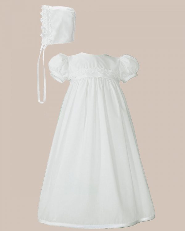 Girls White Polycotton Christening Baptism Gown with Lace Trim & Bonnet - One Small Child