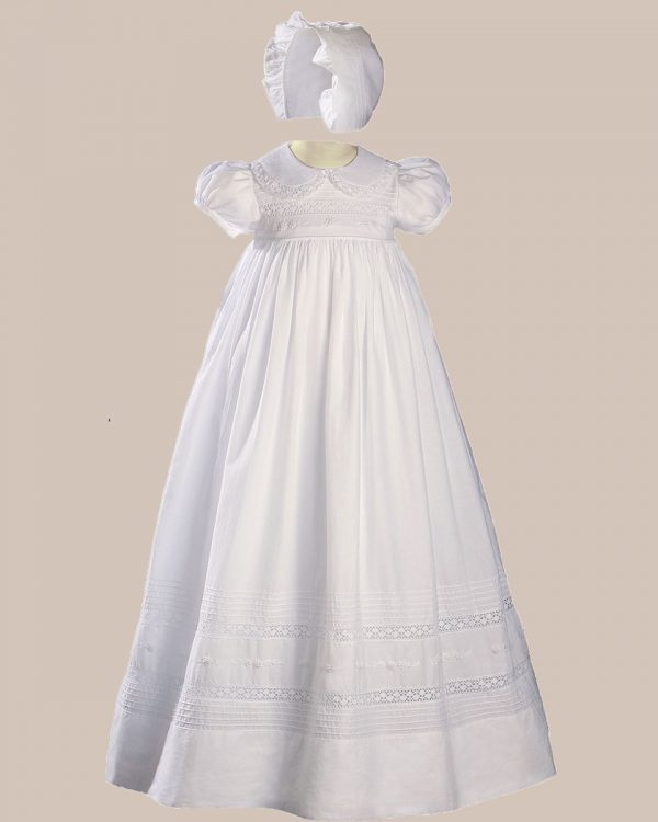 Girls 33" White Cotton Short Sleeve Christening Baptism Gown with Hand Embroidery - One Small Child