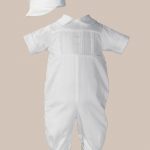 Boys Cotton Sateen Short Sleeve Christening Baptism Coverall with Pleated Front and Hat - One Small Child