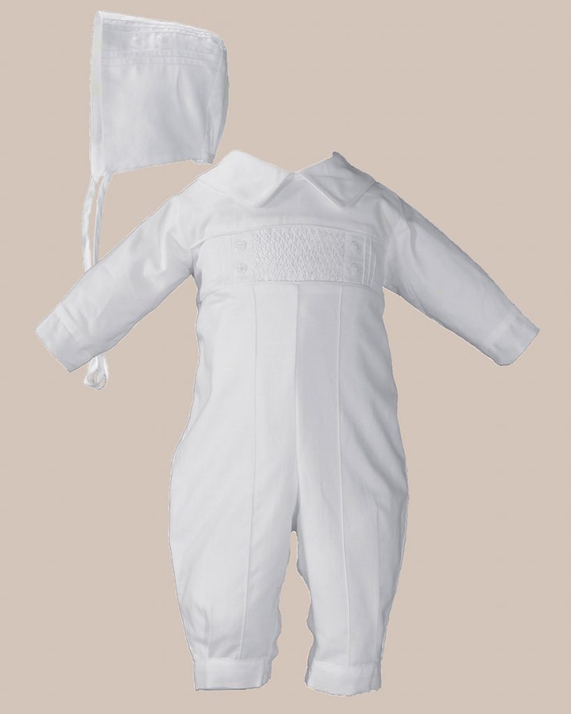Boys Long Sleeve Cotton Hand Smocked Pin Tucked Christening Baptism Coverall - One Small Child