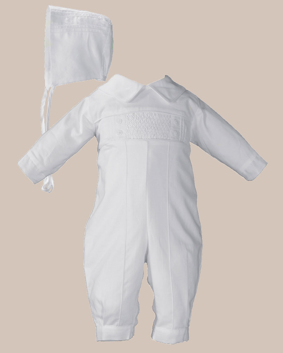 Boys Long Sleeve Cotton Hand Smocked Pin Tucked Christening Baptism Coverall - One Small Child