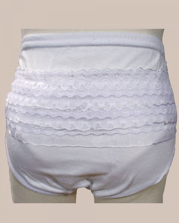 Baby Girls White Poly Cotton Knit Rumba Diaper Cover Bloomers with Lace - One Small Child
