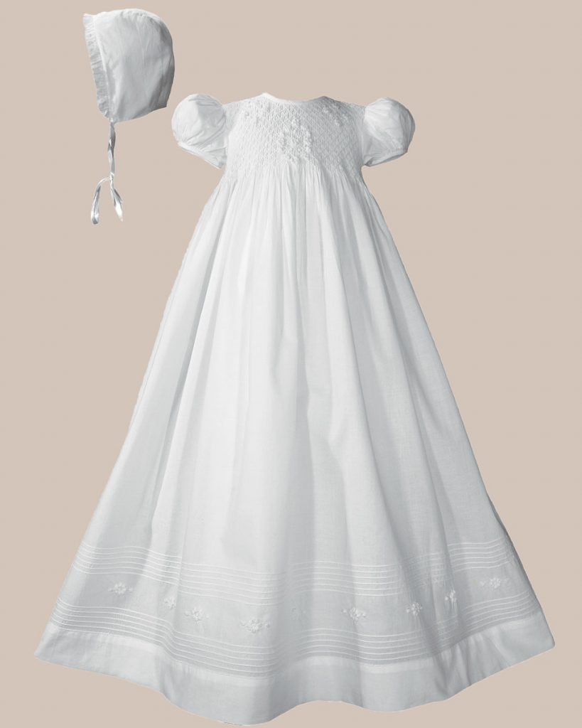 Girls 32" Cotton Hand Smocked Christening Gown Baptism Dress with Hand Embroidery - One Small Child
