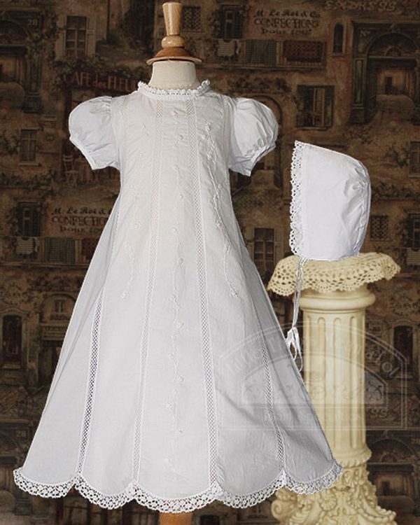 Girl 26" Cotton Heirloom Christening Gown with Hand Embroidery and Lace - One Small Child