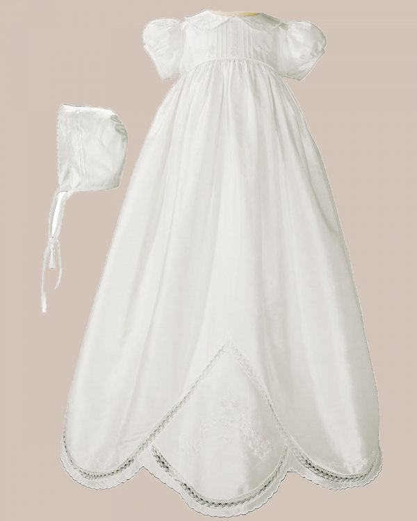 Girls 33" White Silk Dupioni Christening Baptism Gown with Hand Embroidery - One Small Child