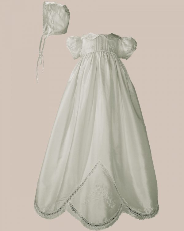 Girls 33" White Silk Dupioni Christening Baptism Gown with Hand Embroidery - One Small Child